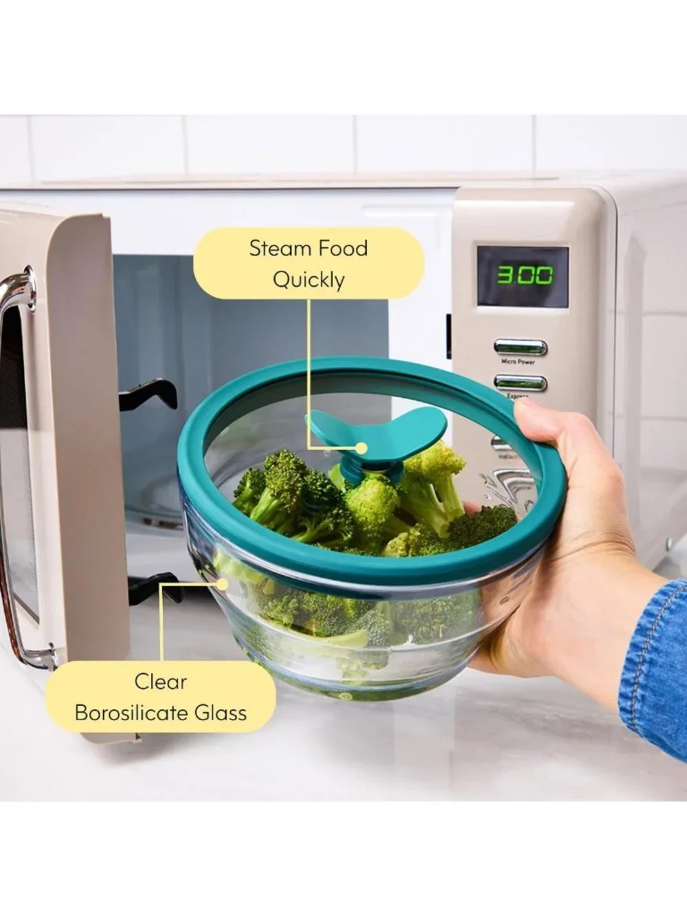 Versatile 4-Cup Glass Microwave Steamer & Food Storage Container - Clear Black